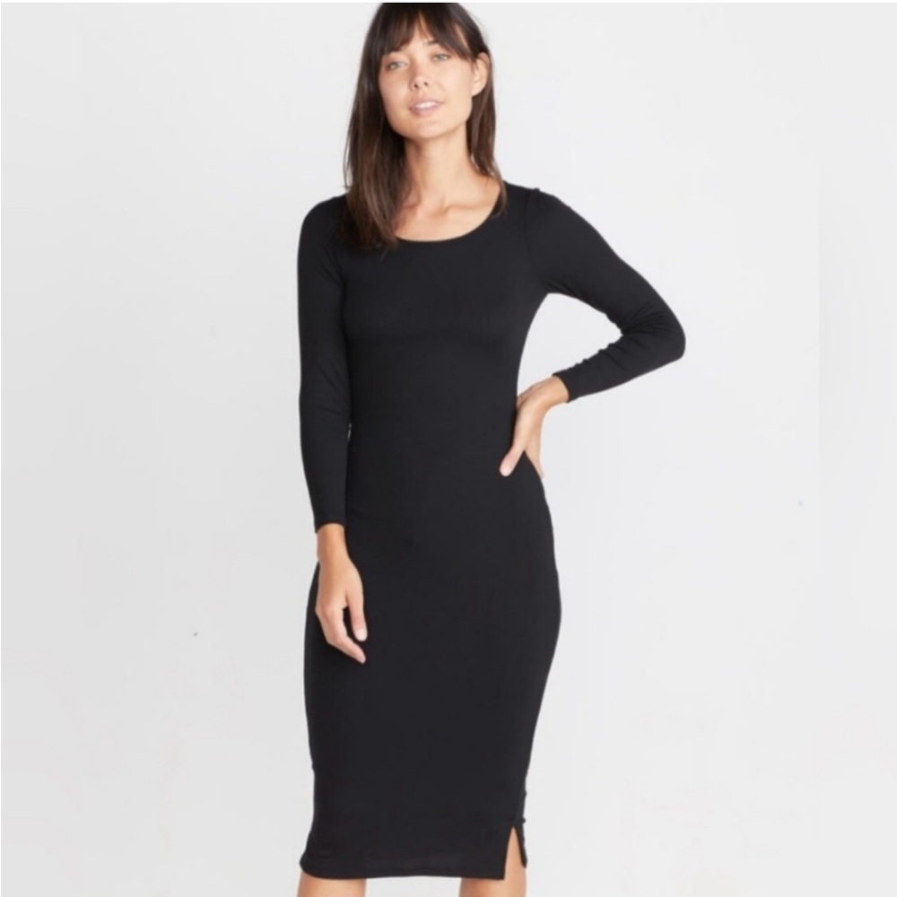 MARINE LAYER Lexi Rib Long Sleeve Midi Dress Black Size Small